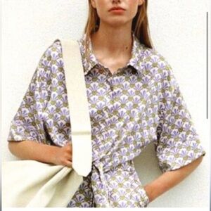 Zara Pineapple Satin Tie Front Top Small